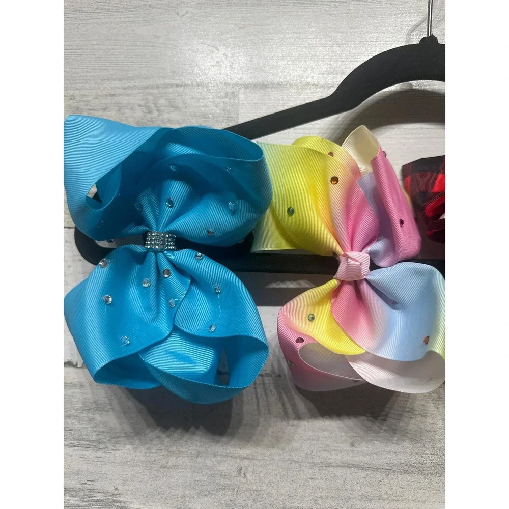 Large Hair Bows Girls Multicolor Rhinestone Buffalo Plaid Bunny EUC
